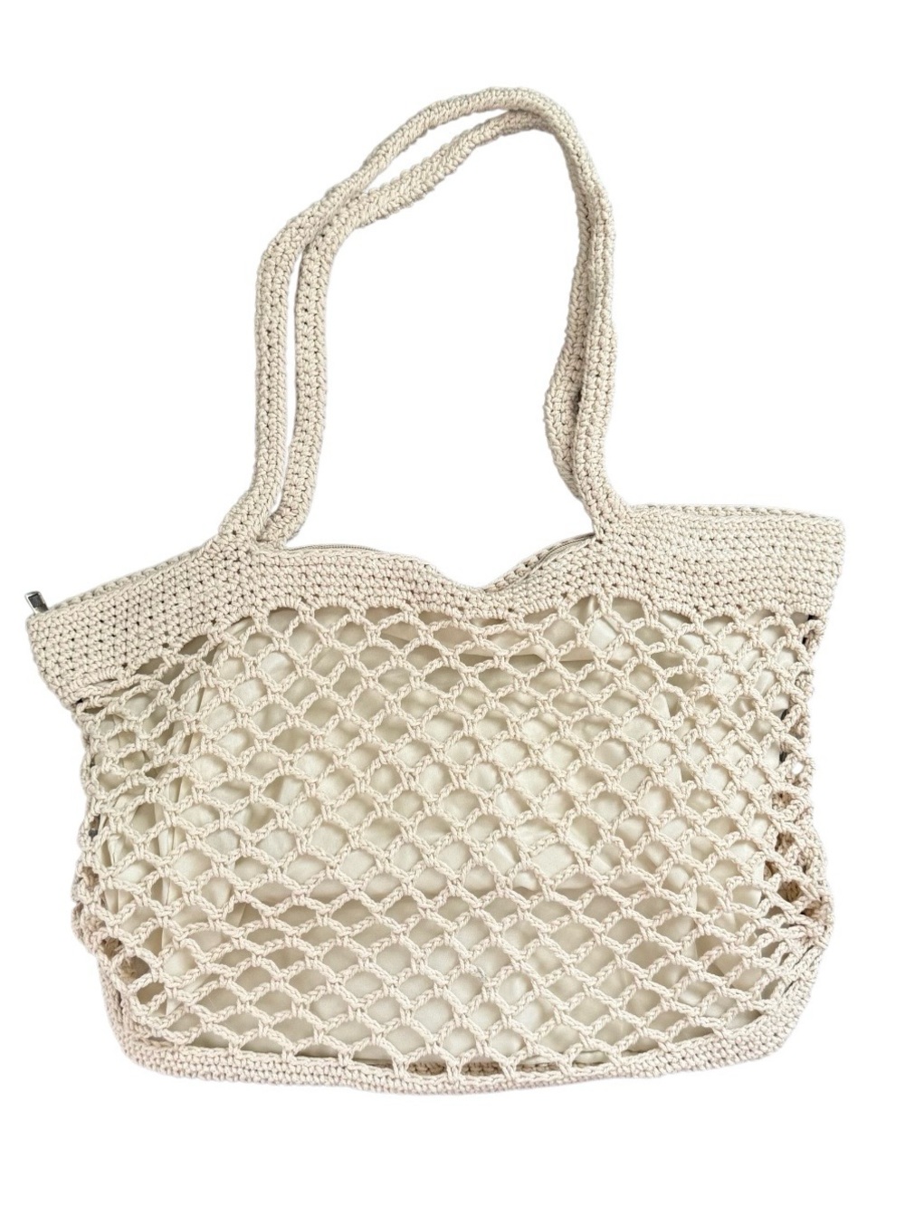 Woven Cream Crochet Beach Tote Bag Zip Close New